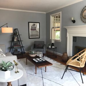 living room with white rug grey walls black open bookshelf